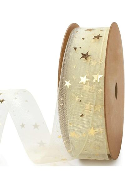 Tazweeq Gold Star Sheer Ribbon, 3/4 inch x10 Yard, Sparkly Chiffon Snow Yarn ...