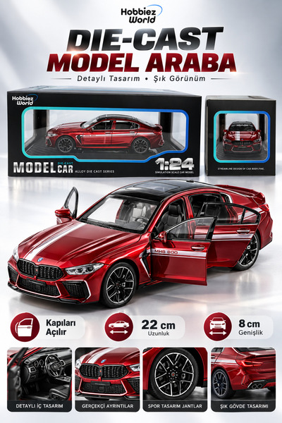PONİKİDO BMW M8 MH8 800 Manhart 1:24 Metal Diecast Model Araba Kırmızı 22 cm ...