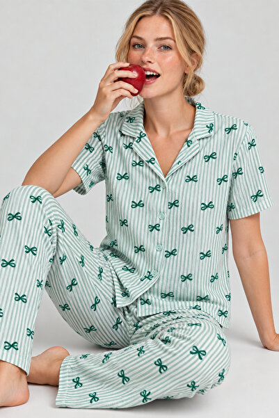 FİT WOMEN Women's Patterned Green Comfortable Pajama Set 4800