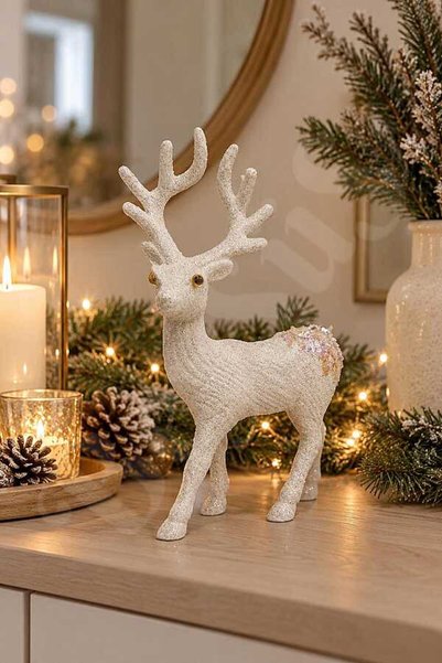 BeySüS Yılbaşı Ağacı Süsü Beyaz Simli Geyik 21 cm
