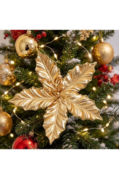 Kmt Style Floare artificială poinsettie aurie de Crăciun cu pistil auriu deco...