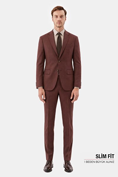 Sabri Özel Kiremit Slim Fit Normal Bel 6 Drop Mono Yaka Takım Elbise