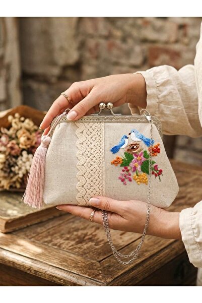 Arzu Demir 23x15 cm bird's nest themed 100% hand-embroidered linen lightweigh...