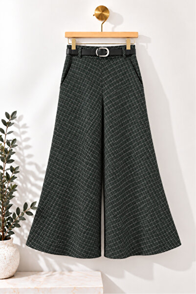 bellura Beli Lastikli Kemerli Kaşmir Ekose Pantolon - Haki
