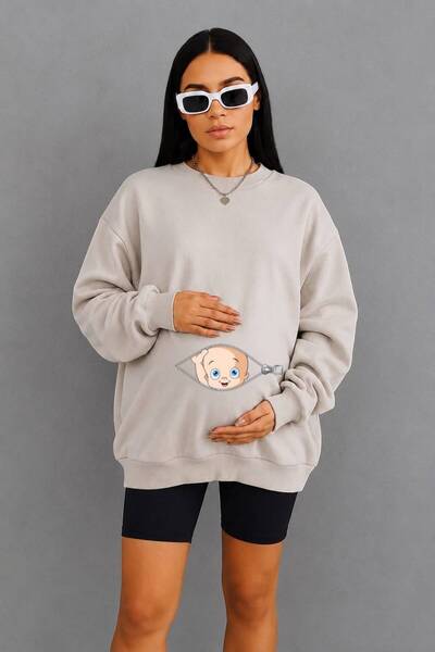 BENROMA 3 Yarn Combed Cotton Zippered Maternity Sweatshirt with Baby Print In...