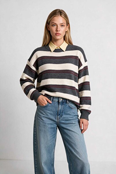 Lovelyİstanbul Çizgili Oversize Triko Kazak 4302 LKİ0076 ANTRASİT KEMİK