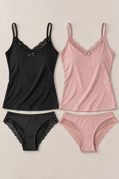 Nymora 2-Piece Women's Lace Rope Strap Cotton Athlete Underwear Set Black-Powder