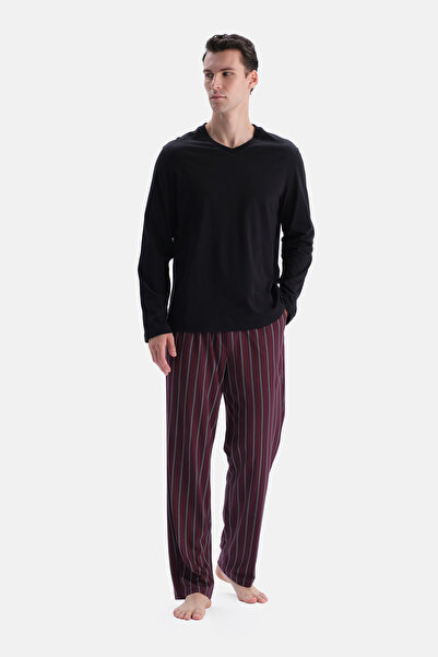 Dagi Black V-Neck Long Sleeve T-Shirt Combed Modal Striped Trousers Set