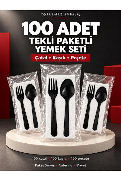 yorulmaz ambalaj 100 Adet Tekli Paketli Siyah Çatal Kaşık Peçete Yemek Seti –...