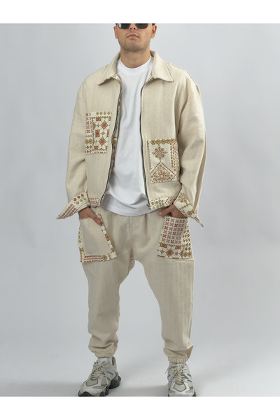 COCOPELLI Costum bărbătesc etnic ecru cu model portocaliu COC3397