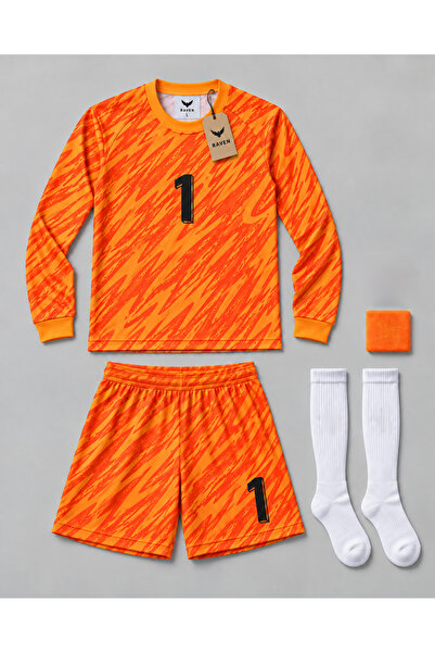 PREMİUM KALECİ ÇOCUK FUTBOL FORMA SETİ TURUNCU 4 PARÇA FORMA + ŞORT + ÇORAP + BİLEKLİK