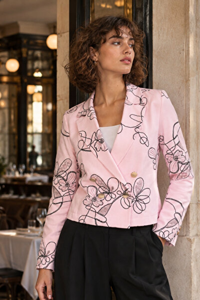 armonika Women's Light Pink Double-Breasted Collar Patterned Crop Jacket Arm-...