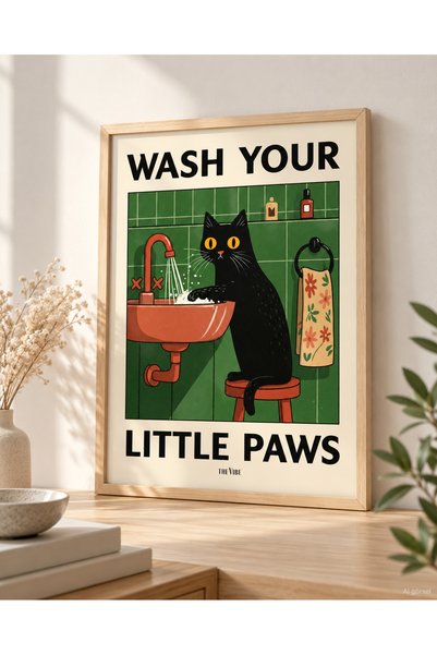 The Vibe Concept Kedi Temalı Çerçeveli Dekoratif Tablo – Wash Your Little Paw...