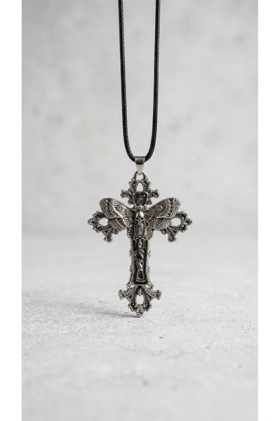 Corvus kolye&bileklik Gotik Kuru Kafa Kelebek Detaylı Haç Kolye Unisex Punk A...
