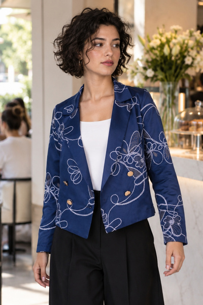 armonika Women's Navy Blue Double-Breasted Collar Patterned Crop Jacket Arm-2...