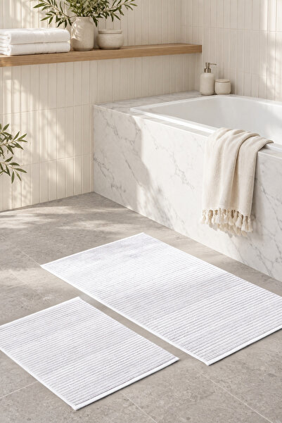 Lorien Beyaz Çizgili 2’li Banyo Paspas Takımı (60x100 + 50x60cm) Kaymaz Tabanlı Kadifemsi Dokulu Kolay Temizlenebilir