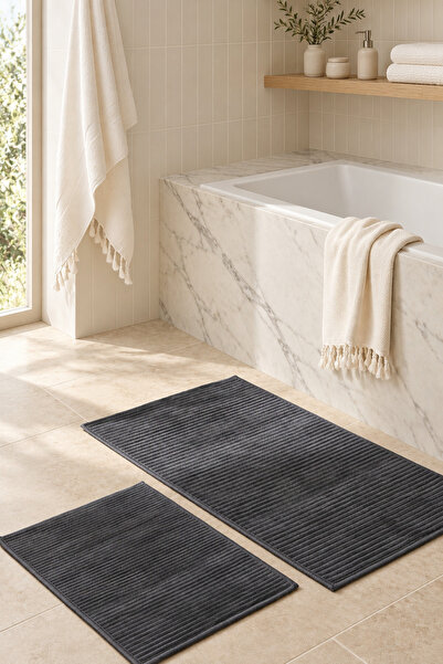 Lorien Antrasit Çizgili 2’li Banyo Paspas Takımı (60x100 + 50x60cm) Kaymaz Tabanlı Kadifemsi Dokulu Kolay Temizlenebilir