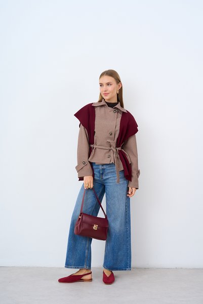LOCCO Women's Crow's Feet Pattern Inner Lining Belted Belted Jacket Mink