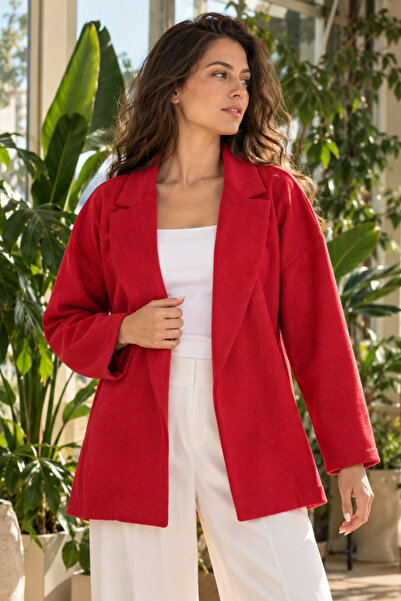 armonika Women's Light Red Men's Oversize Jacket with Slits on the Collar Sid...