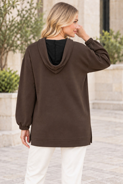 citystyle Women's Hooded Long Sleeve Off Shoulder Zipper Side Slit Detailed Stretchy Lycra Soft Textured Elegant Casual Brown Cardigan