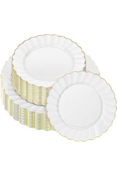 KASTWAVE Scalloped Disposable Plates, 20 Pcs White Plastic Plates with Gold R...