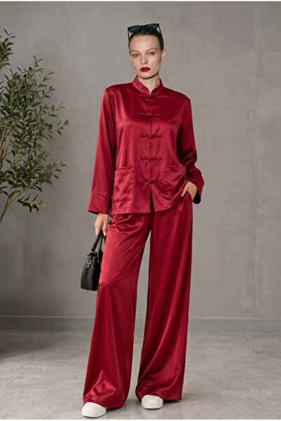 Lovely butik Costum din două piese pentru femei, cu guler chinezesc din satin...