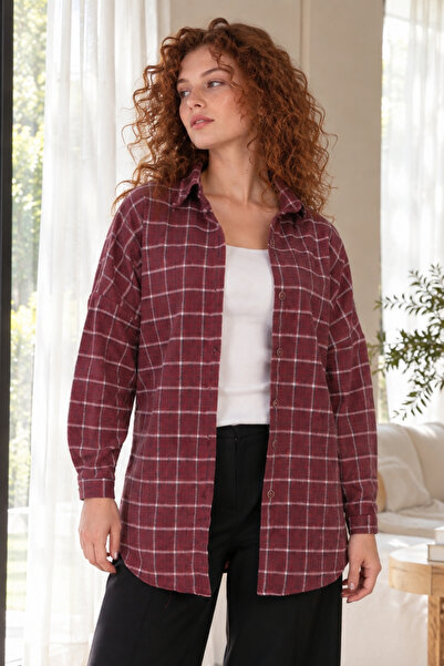 armonika Women's Burgundy Patterned Oversize Long Basic Shirt Arm-27K001027