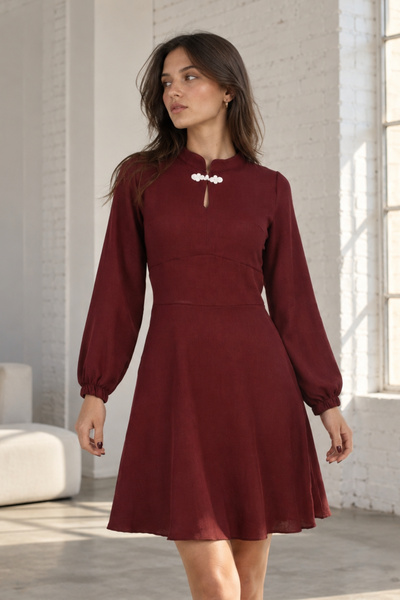 armonika Women's Burgundy Chinese Button Detailed Side Zipper Flared Dress Ar...