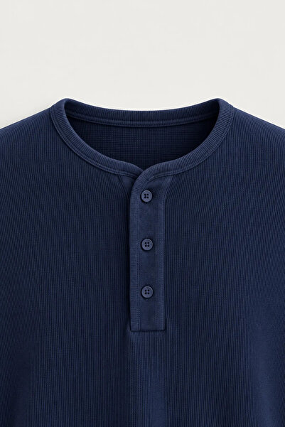 no7man Kiearan - Navy Blue - Buttoned Collar - Long Sleeve Men's T-Shirt