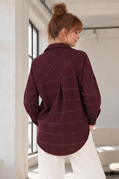 armonika Women's Dark Burgundy Patterned Oversize Long Basic Shirt Arm-27K001027