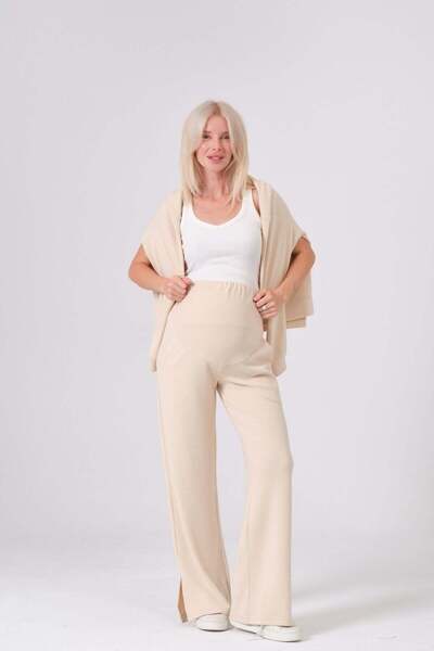 BUSA Maternity Hooded Zippered High Waist Wide Leg Knitwear Tracksuit Set Beige