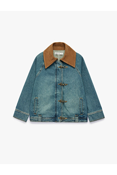 Koton Metal Kopçalı Klasik Kadife Yaka Uzun Kollu Fermuarlı Denim Ceket