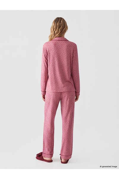 LC Waikiki Alita City with a Difference, Lcw Dream Pink Combed Cotton Patterned Long Sleeve Women's Pajama Set