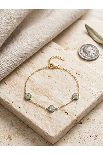 Peach Jewelry Peach Jewerly Βραχιόλι Από Ασήμι 925 Με Γαλάζια Ματάκια Επιχρυσ...