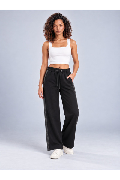 Bold & Young Women's Black Leather Stripe Detailed Cotton Elastane Wide Leg P...
