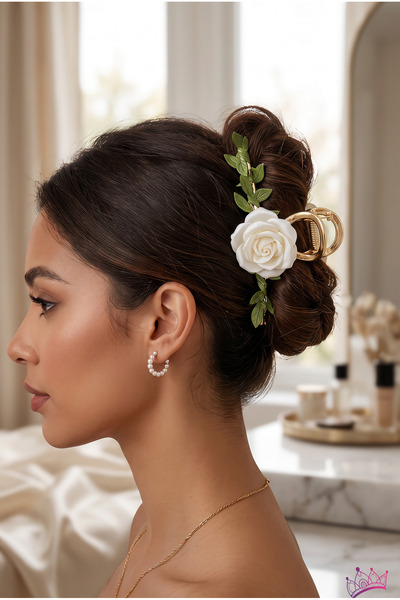 Cinderella Accessories Beyaz Kamelya Çiçekli Sarmaşık Yapraklı Kadın Metal Ma...