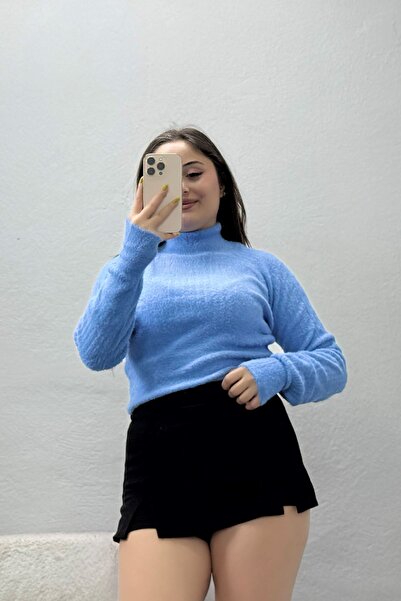 BELENDİR Women's High Neck Knitted Sweater with Finger Loop Detail, Baby Blue
