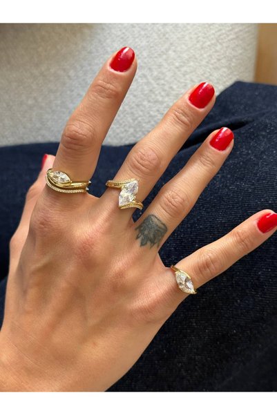 Tuysa Jewelry Markiz Taşlı Çift Sıra Ayarlanabilir Yüzük