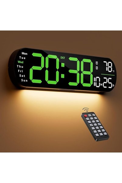 OASISGALORE ساعة حائط رقمية، شاشة LED خضراء كبيرة 35 سم مع خاصية التعتيم التل...