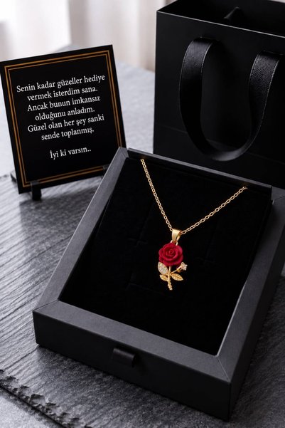 Aroma Hediye 14 Ayar Altın Kaplama Kadife Gül Premium Kutu Kadın Çelik Kolye ...