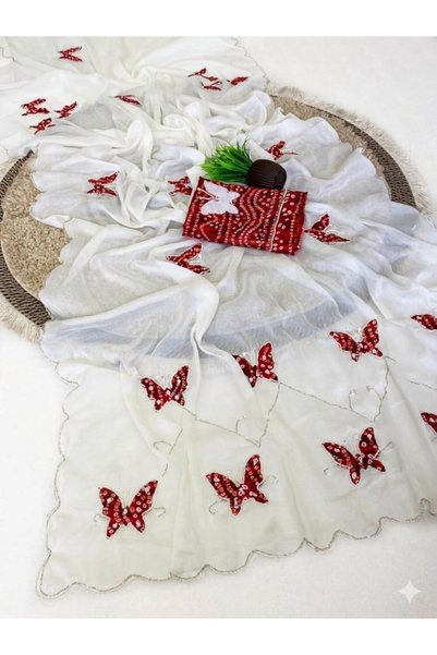 MYSMAR White Georgette Rangoli Saree with Butterfly Appliqués - KTS10048 | Wh...