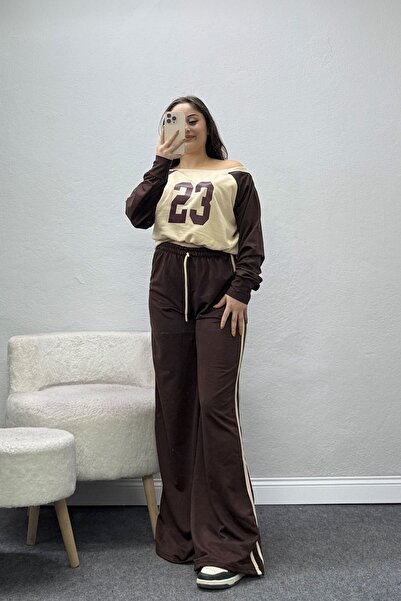 BELENDİR Women's 2 Thread Boat Neck Tracksuit Set Kahvetaş