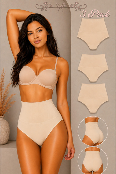 WomanAndKids Night Beige Women's Gathering High-Waisted Flexible 3-Piece Panties