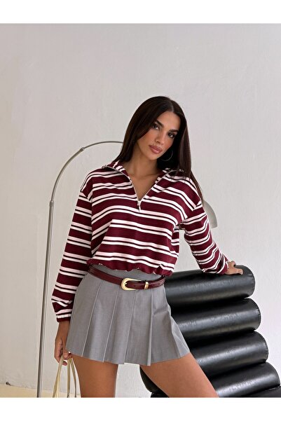 Çizgili Fermuarlı Sweatshirt - Kırmızı