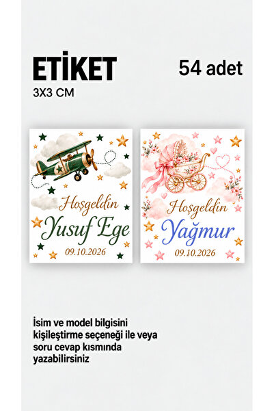 İsme Özel Doğum Günü Hoşgeldin Bebek Etiketi 3cm 54 Adet Etiket