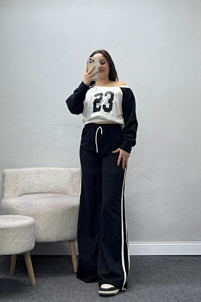 BELENDİR Women's 2 Thread Boat Neck Tracksuit Set Black and White Model Tv-95064