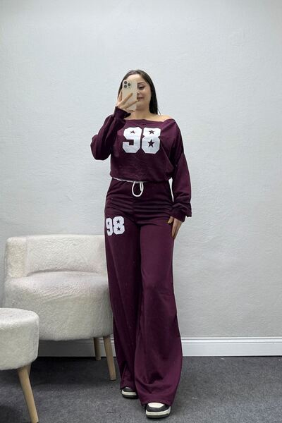 BELENDİR طقم بدلة رياضية نسائية بياقة قاربية مكون من خيطين، لون أرجواني رمادي...
