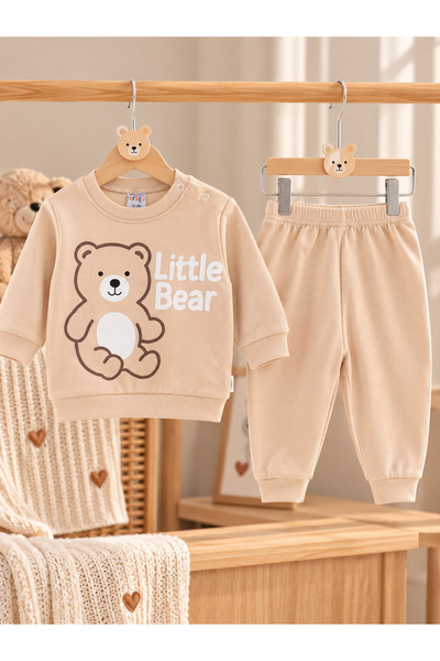 Little Bear Baskılı 2'li Bej Bebek Takımı