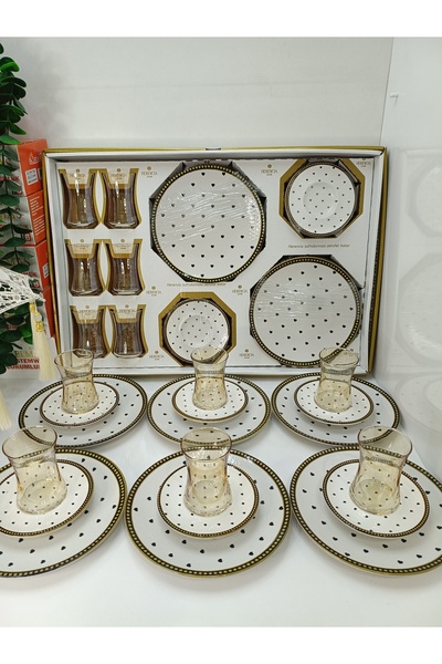 ZORENSA 18 Parça Herenica Çay Ve Tatlı Seti 6 Adet Çay Bardağı 6 Adet Çay Tab...