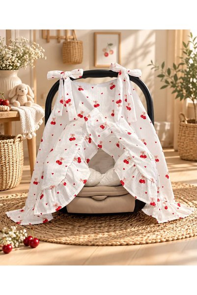 Pedimu Muslin Cherry Patterned Stroller Cover and Stroller Cushion Set with R...